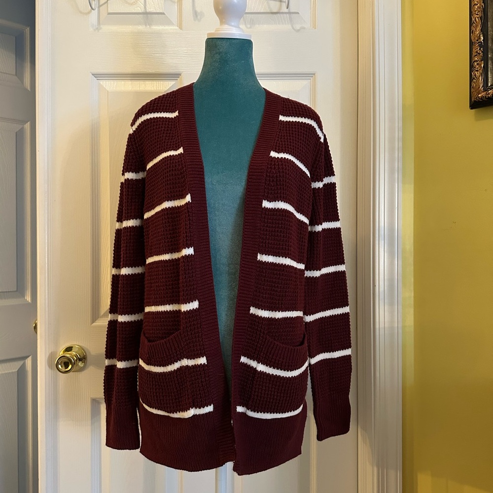 Burgundy and white striped cardigan